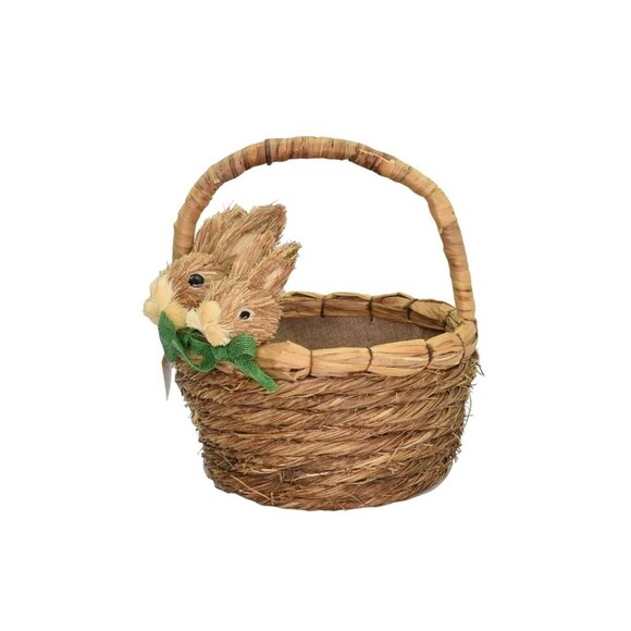 Natural Basket with 2 Sisal Bunny Rabbits Handled Easter Basket Farmhouse Spring - Picture 3 of 5
